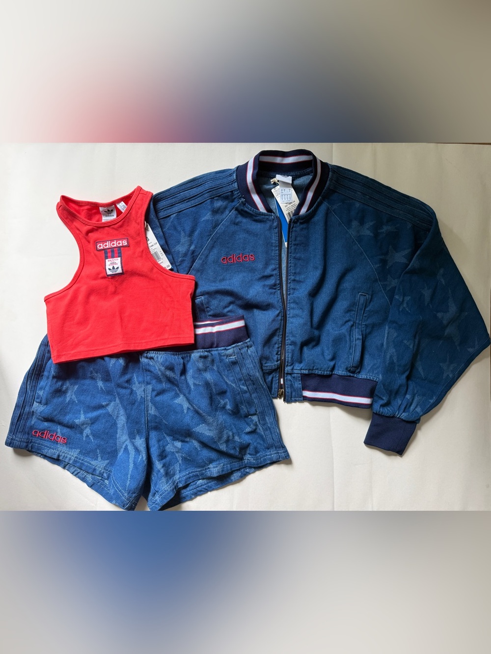 Adidas [S/XL] Superstar Varsity Denim Set: Bomber Jacket, Shorts & Tank